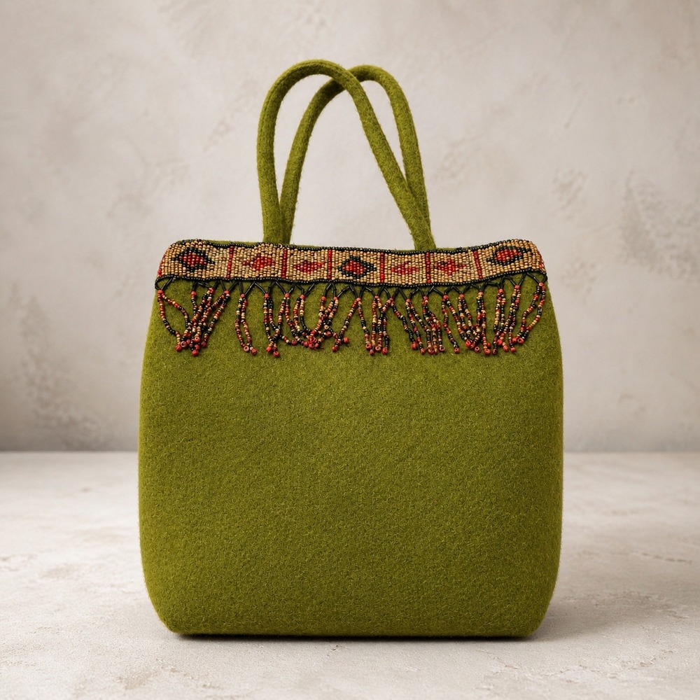Linea‎ Pelle Olive Green Felted Wool Bag Southwestern Beaded Fringe Boho Trim